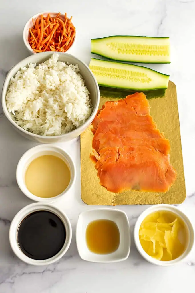 Ingredients to make smoked salmon bowl ingredients.