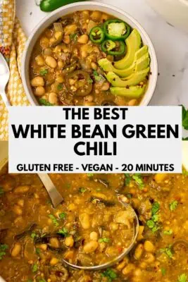 Bowl of vegan green chili topped with avocado and jalapeno.