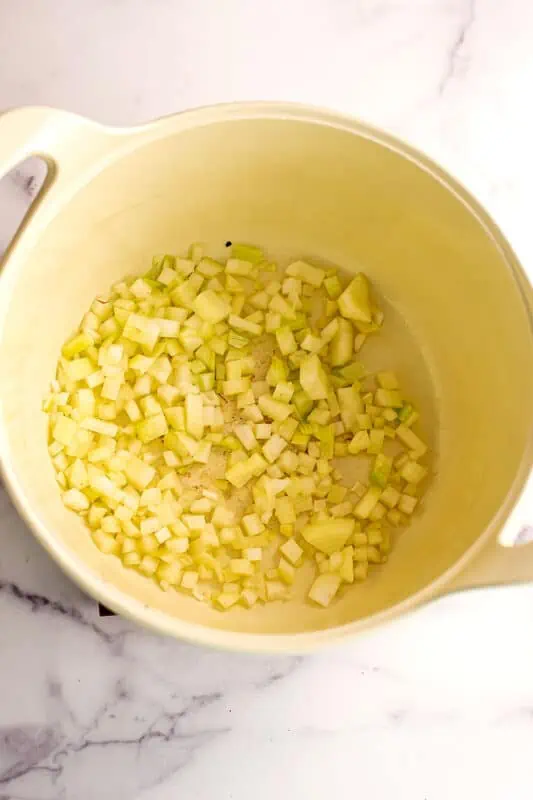 Chopped onions added to large white pot.