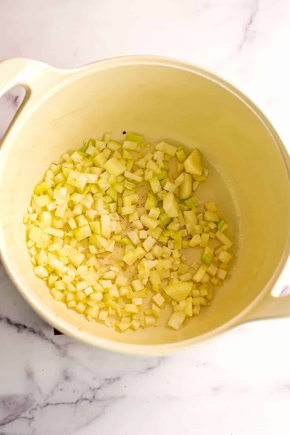 Chopped onions added to large white pot.
