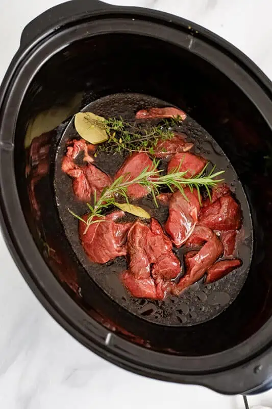 Crockpot balsamic beef ingredients in the slow cooker before cooking.