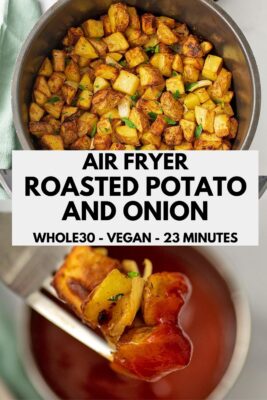 Potatoes and onions in an air fryer basket.