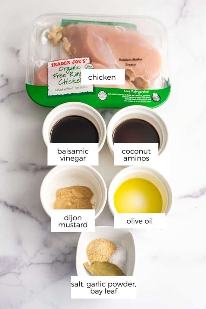Ingredients to make slow cooker balsamic chicken in ramekins. 
