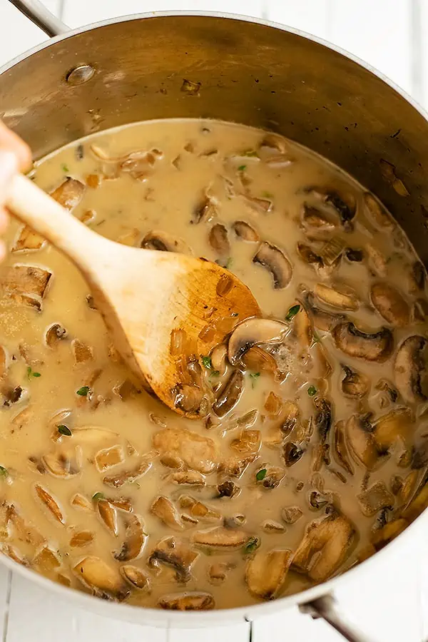 Large wood spoon stirring mushroom soup in pot.