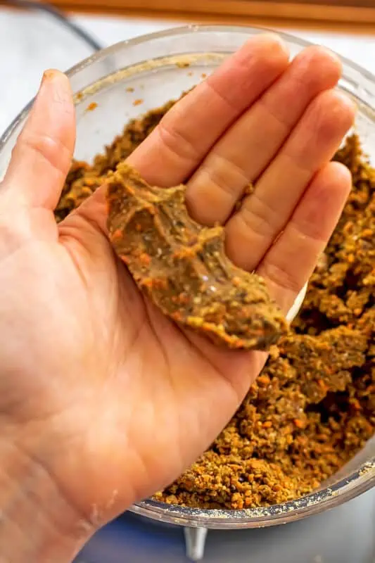 Carrot protein bite mixture squeezed together in hand.