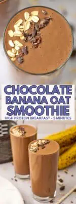 Chocolate banana oat smoothies with cacao nibs and oatmeal sprinkled on top.