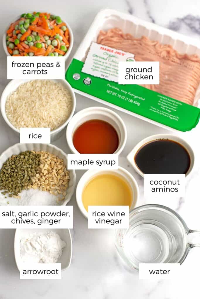 Ingredients to make ground chicken rice bowls.