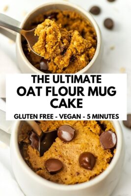 Spoonful of oat flour mug cake being spooned out of the mug.