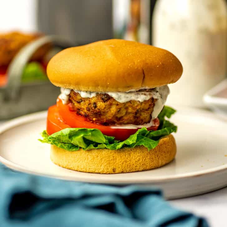 Ranch chicken burger cooked in the air fryer on a bun.