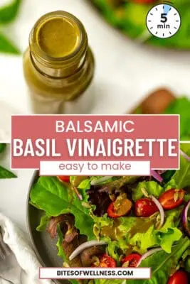 Glass bottle filled with basil balsamic vinaigrette.