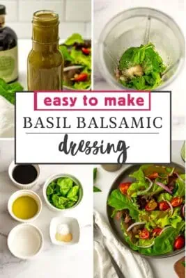 Glass bottle filled with basil balsamic vinaigrette.