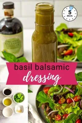 Glass bottle filled with basil balsamic vinaigrette.