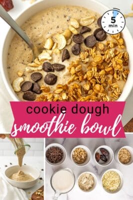 Large white bowl filled with cookie dough protein smoothie.