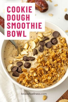Large white bowl filled with cookie dough protein smoothie.