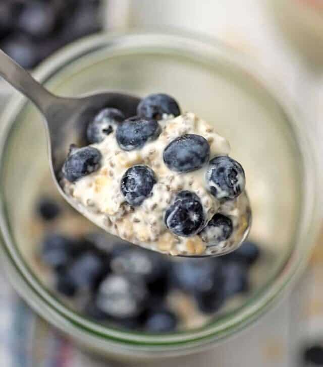 Spoonful of blueberry overnight oats with yogurt, no milk.