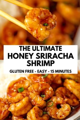 Chopsticks picking up a honey sriracha shrimp over the pan.