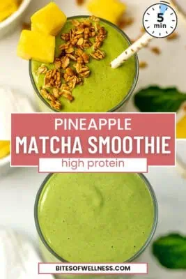 Glass filled with protein pineapple matcha smoothie.