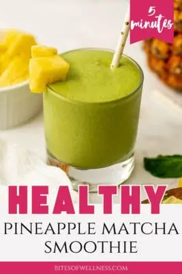 Glass filled with protein pineapple matcha smoothie.