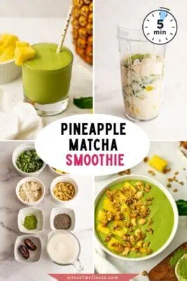 Glass filled with protein pineapple matcha smoothie.