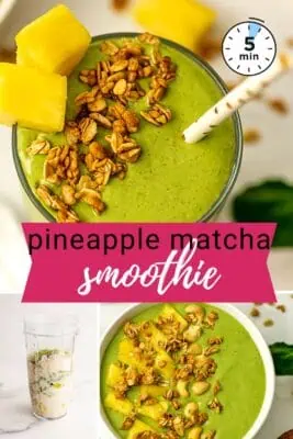 Glass filled with protein pineapple matcha smoothie.