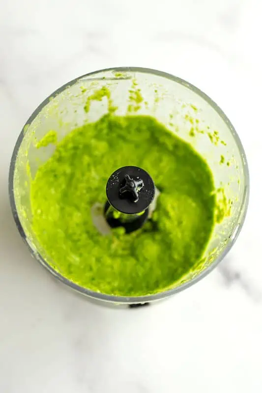 Pesto after blending before adding roasted red peppers.