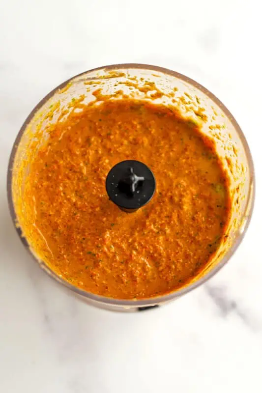Red pepper pesto after blending in food processor.