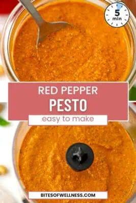 Large glass jar of roasted red pepper pesto.