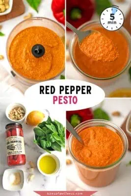Large glass jar of roasted red pepper pesto.