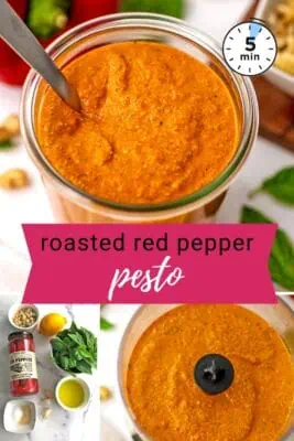 Large glass jar of roasted red pepper pesto.