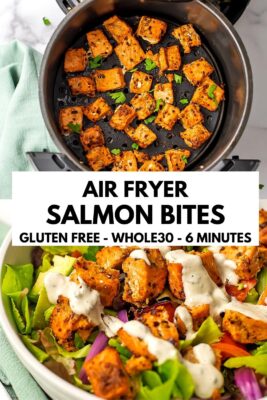 Salmon bites in air fryer basket with green napkin on the side.