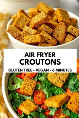Bowl filled with air fryer gluten free croutons.