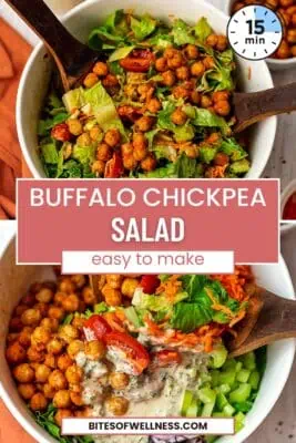 Large bowl of buffalo chickpea salad with wood spoon in the bowl.