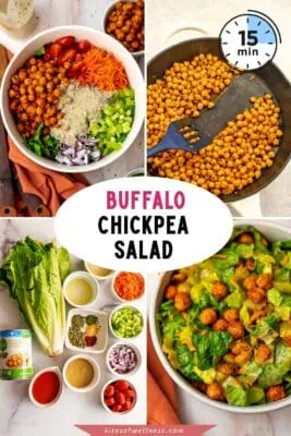 Large bowl of buffalo chickpea salad with wood spoon in the bowl.