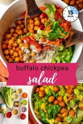 Large bowl of buffalo chickpea salad with wood spoon in the bowl.