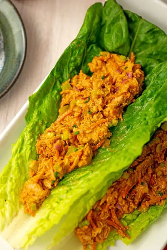 Buffalo Tuna Salad on lettuce wraps.