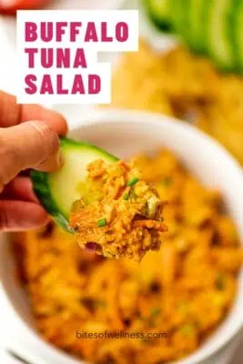 buffalo tuna salad on a cucumber slice.