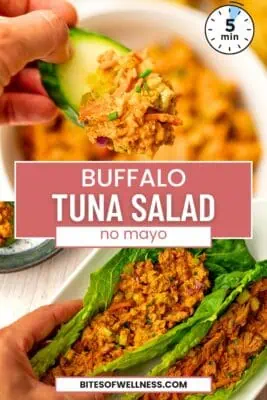 buffalo tuna salad on a cucumber slice.