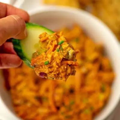 Buffalo tuna salad on a cucumber slice.