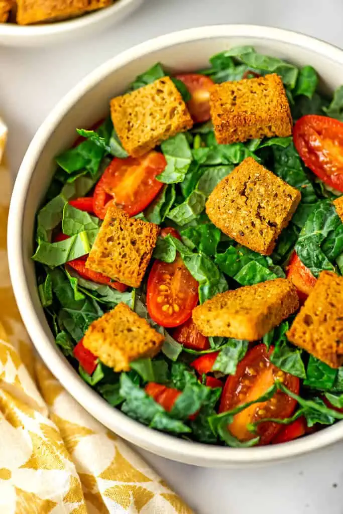 Kale salad with gluten free air fryer croutons.