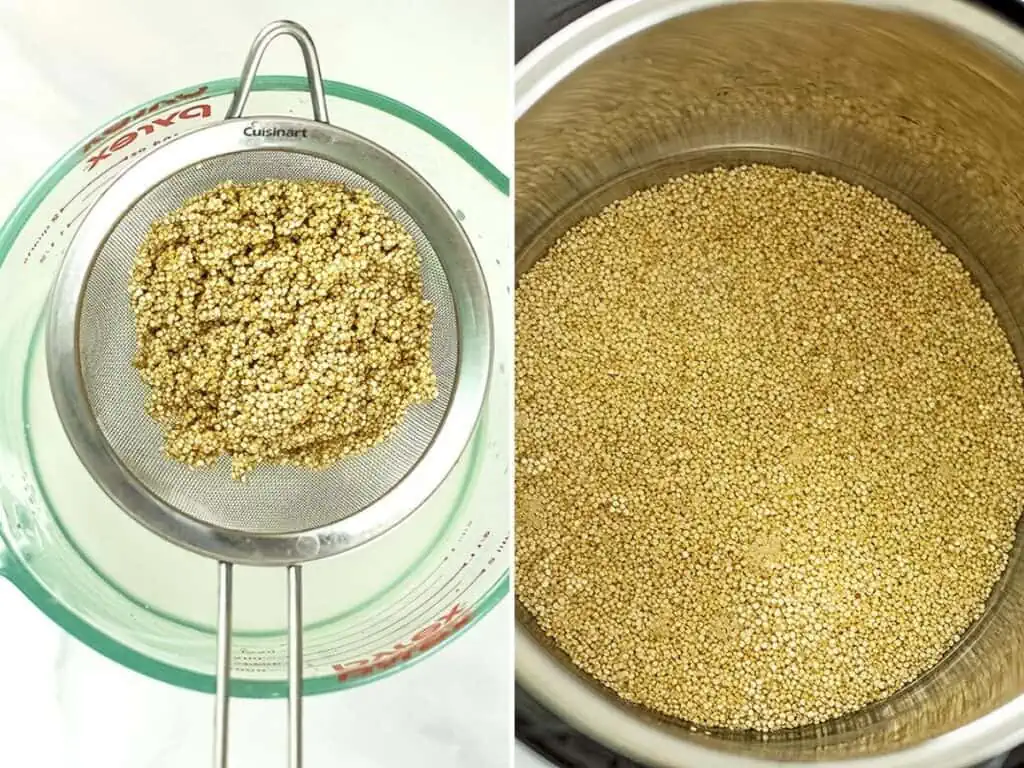 Quinoa in mesh strainer and in instant pot before cooking.