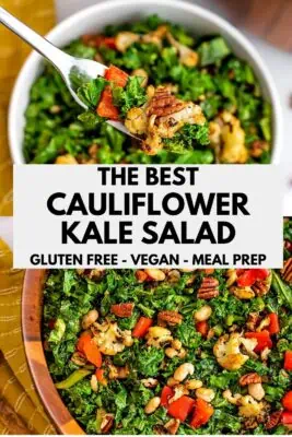 Forkful of kale cauliflower salad over bowl.