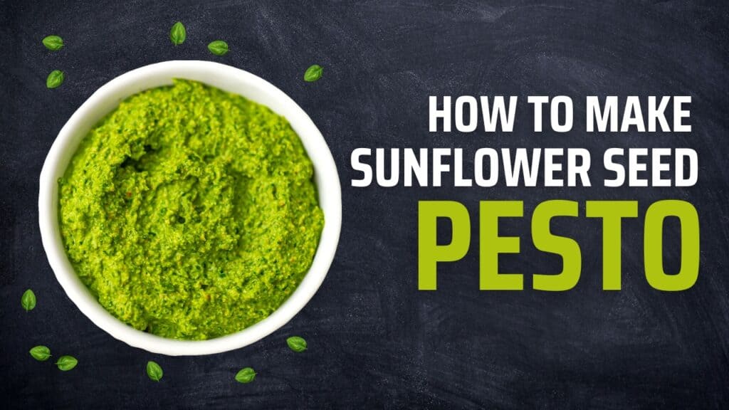 Sunflower seed pesto in a white bowl.