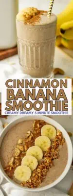 Banana bread smoothie in a glass and bowl.