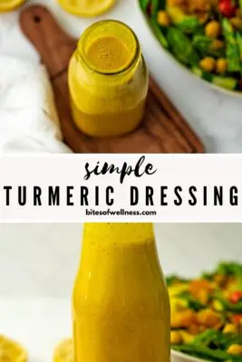 Ginger turmeric dressing in a stylish dressing bottle sitting on a trivet on a white table.