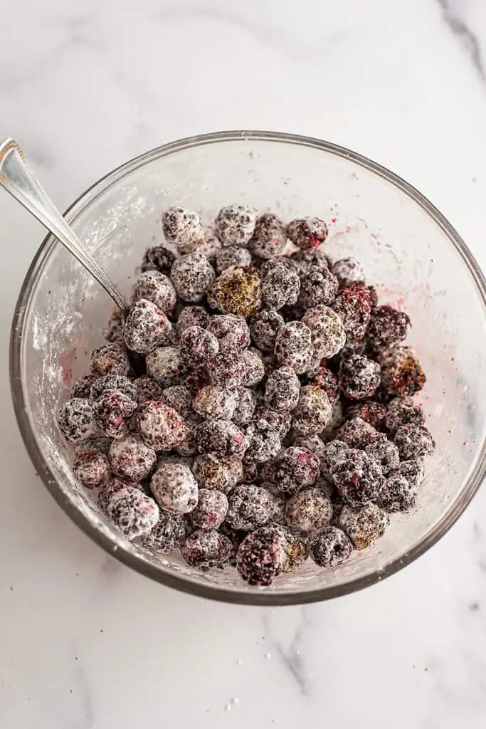 Blackberries and arrowroot powdered mixed together in a bowl.