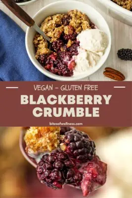 Gluten free blackberry crumble in a bowl with a spoon full of blackberries.