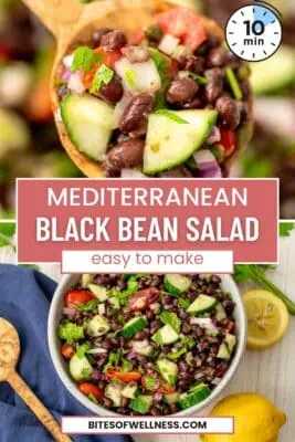 Large bowl of black bean cucumber tomato salad.