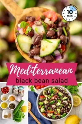 Large bowl of black bean cucumber tomato salad.