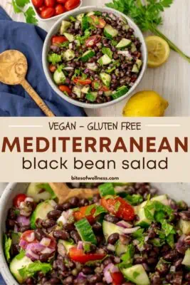 Mediterranean black bean salad in a white bowl being served with a wooden spoon.