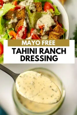 Tahini ranch dressing on a spoon and poured over a salad.
